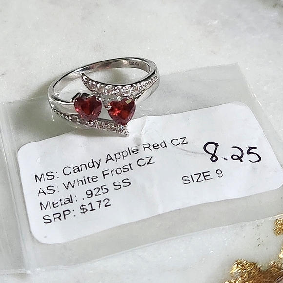 NWT Ryze Candy Apple Red CZ .925 Sterling Silver Double Heart Ring - Size 8.25 - Picture 3 of 8